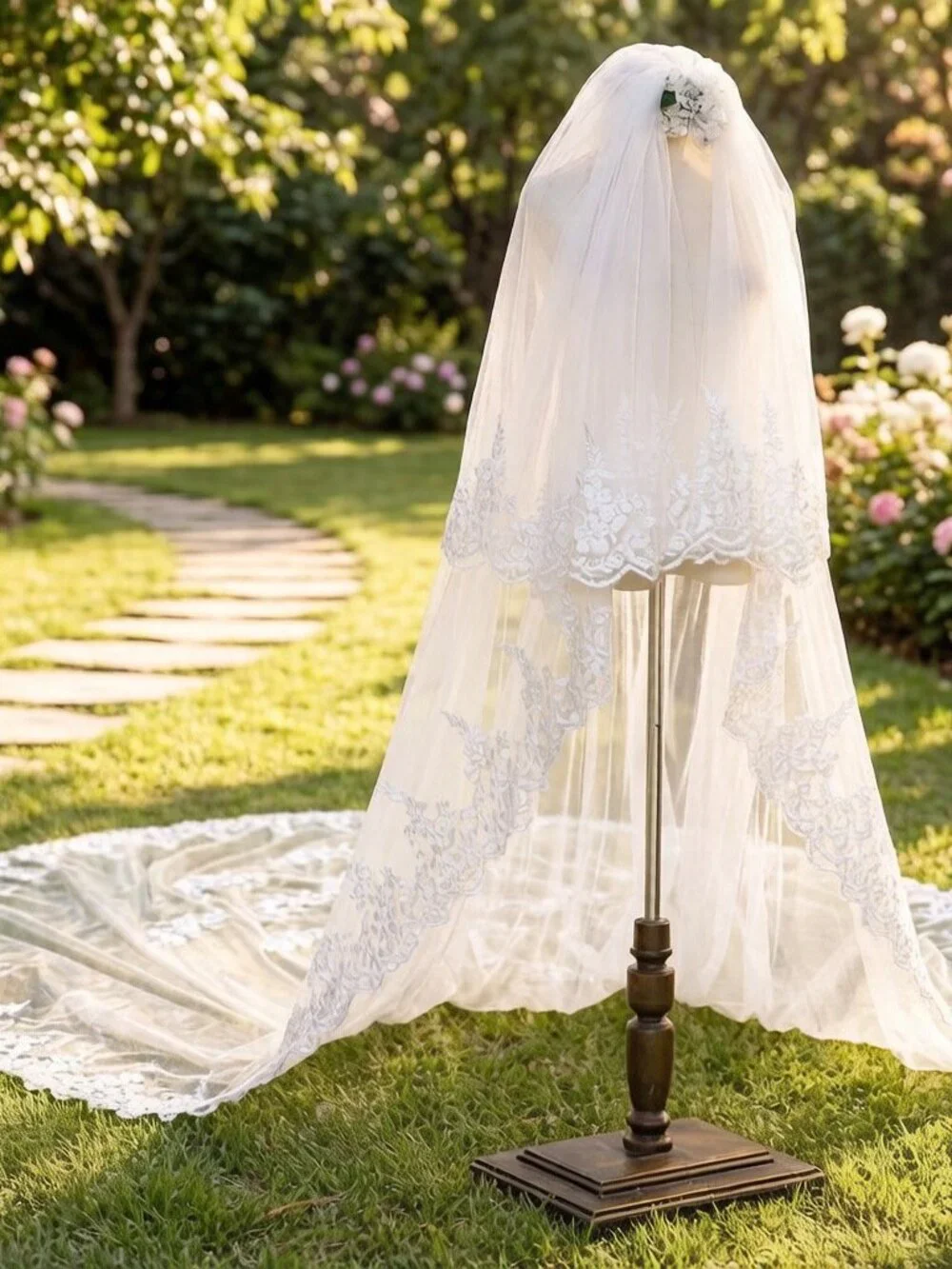 3.5M Floral Lace Cathedral Wedding Veil/ Off-White